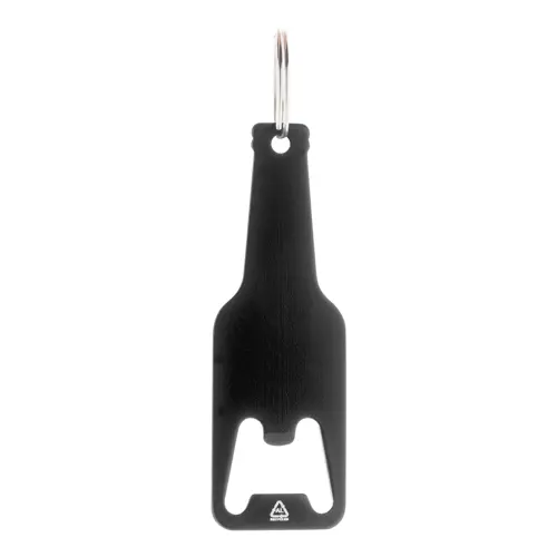 Portachiavi con apribottiglie in alluminio riciclato a forma di bottiglia