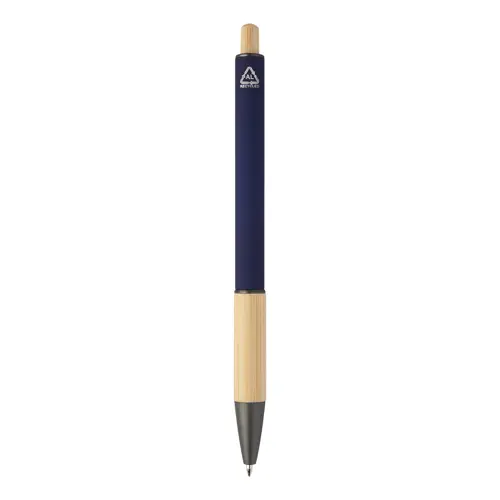 Penna a sfera in alluminio riciclato impugnatura e pulsante in bambù corpo gommato e parti con finitura color canna di fucile con refill blu