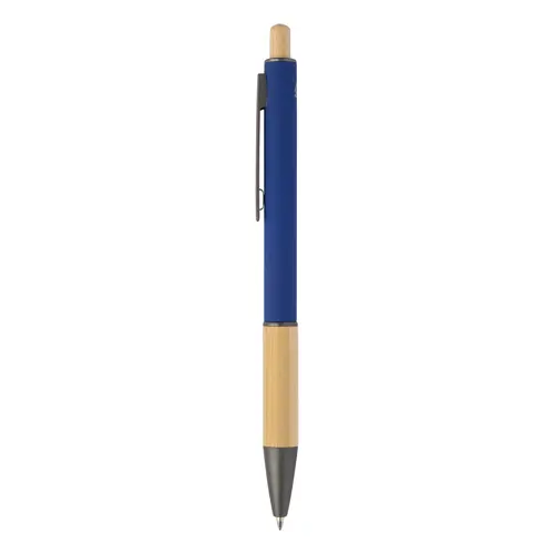 Penna a sfera in alluminio riciclato impugnatura e pulsante in bambù corpo gommato e parti con finitura color canna di fucile con refill blu