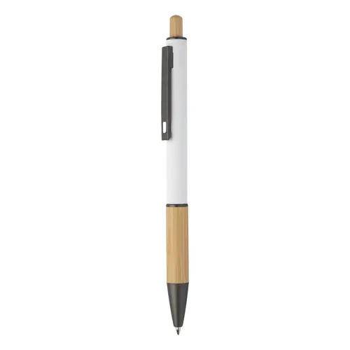Penna a sfera in alluminio riciclato impugnatura e pulsante in bambù corpo gommato e parti con finitura color canna di fucile con refill blu