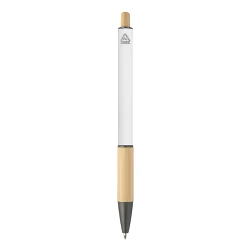 Penna a sfera in alluminio riciclato impugnatura e pulsante in bambù corpo gommato e parti con finitura color canna di fucile con refill blu