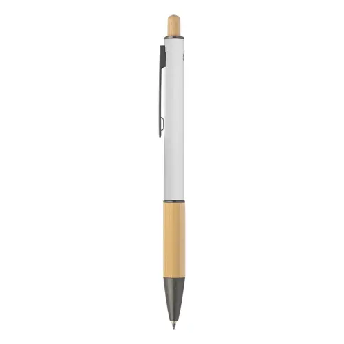 Penna a sfera in alluminio riciclato impugnatura e pulsante in bambù corpo gommato e parti con finitura color canna di fucile con refill blu