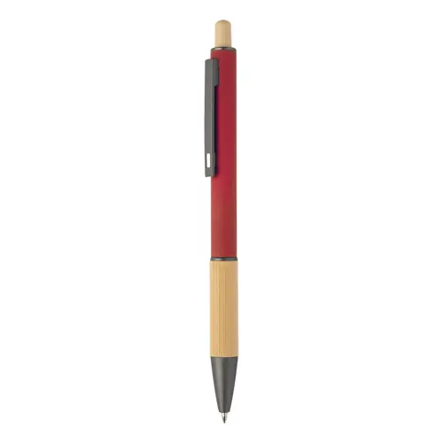 Penna a sfera in alluminio riciclato impugnatura e pulsante in bambù corpo gommato e parti con finitura color canna di fucile con refill blu