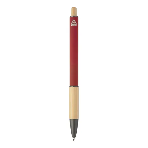 Penna a sfera in alluminio riciclato impugnatura e pulsante in bambù corpo gommato e parti con finitura color canna di fucile con refill blu