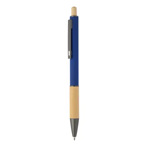 Penna a sfera in alluminio riciclato impugnatura e pulsante in bambù corpo gommato e parti con finitura color canna di fucile con refill blu