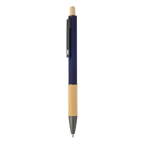 Penna a sfera in alluminio riciclato impugnatura e pulsante in bambù corpo gommato e parti con finitura color canna di fucile con refill blu