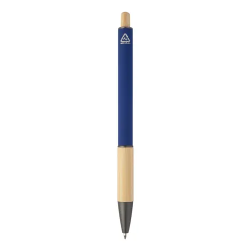 Penna a sfera in alluminio riciclato impugnatura e pulsante in bambù corpo gommato e parti con finitura color canna di fucile con refill blu