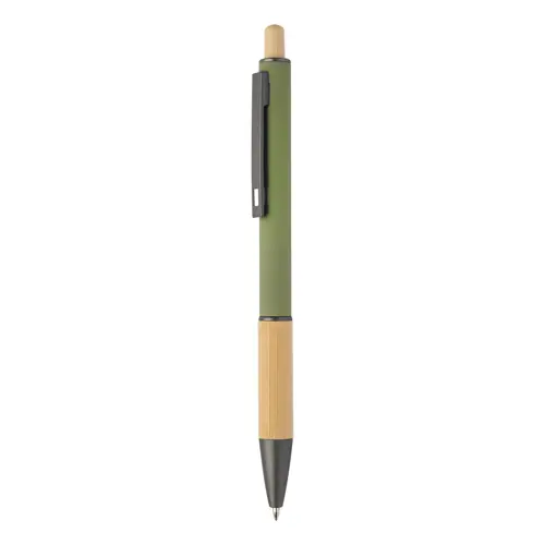 Penna a sfera in alluminio riciclato impugnatura e pulsante in bambù corpo gommato e parti con finitura color canna di fucile con refill blu