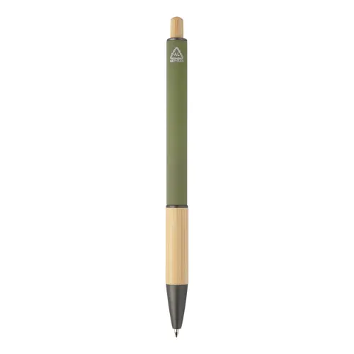 Penna a sfera in alluminio riciclato impugnatura e pulsante in bambù corpo gommato e parti con finitura color canna di fucile con refill blu