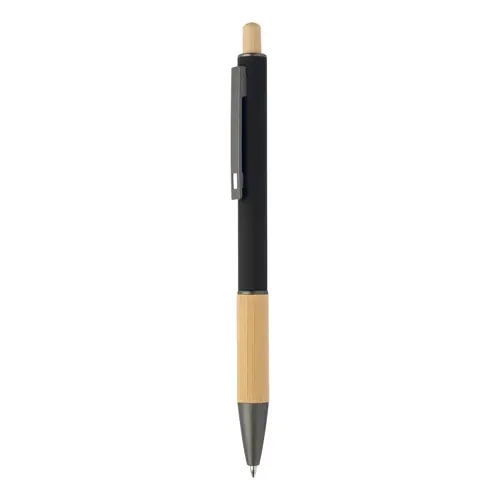 Penna a sfera in alluminio riciclato impugnatura e pulsante in bambù corpo gommato e parti con finitura color canna di fucile con refill blu