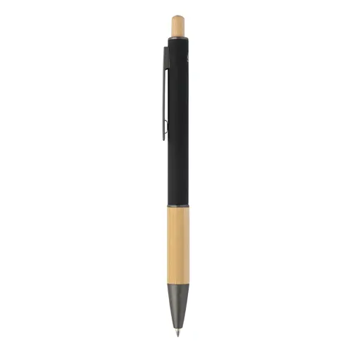 Penna a sfera in alluminio riciclato impugnatura e pulsante in bambù corpo gommato e parti con finitura color canna di fucile con refill blu