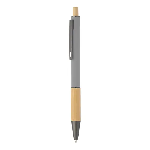 Penna a sfera in alluminio riciclato impugnatura e pulsante in bambù corpo gommato e parti con finitura color canna di fucile con refill blu