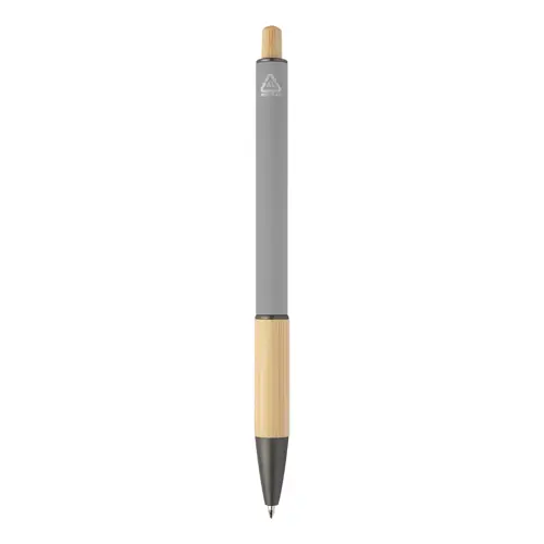 Penna a sfera in alluminio riciclato impugnatura e pulsante in bambù corpo gommato e parti con finitura color canna di fucile con refill blu