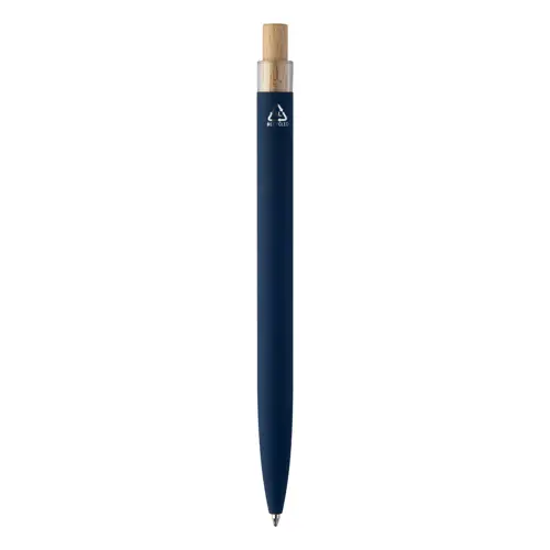 Penna a sfera in alluminio riciclato finitura gommata pulsante in bambù e clip cromata con refill blu