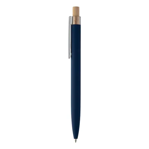 Penna a sfera in alluminio riciclato finitura gommata pulsante in bambù e clip cromata con refill blu