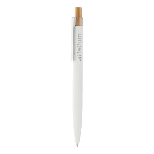 Penna a sfera in alluminio riciclato finitura gommata pulsante in bambù e clip cromata con refill blu