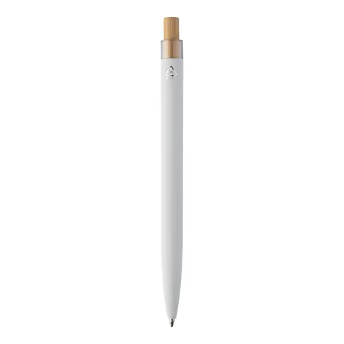 Penna a sfera in alluminio riciclato finitura gommata pulsante in bambù e clip cromata con refill blu