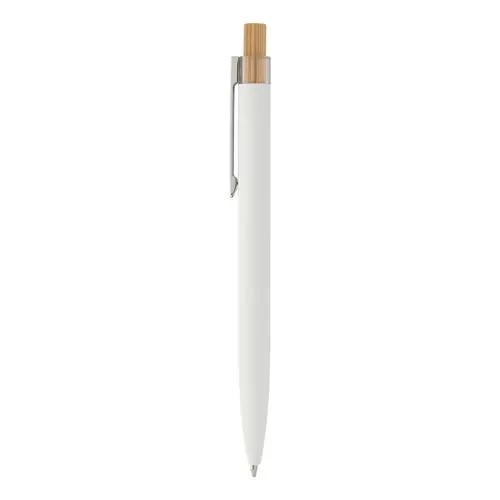 Penna a sfera in alluminio riciclato finitura gommata pulsante in bambù e clip cromata con refill blu