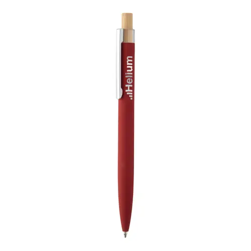 Penna a sfera in alluminio riciclato finitura gommata pulsante in bambù e clip cromata con refill blu