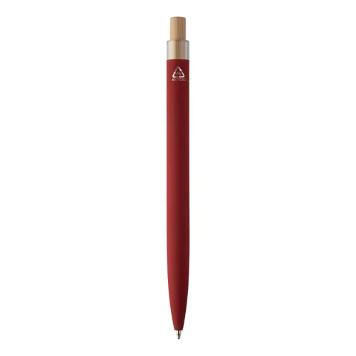 Penna a sfera in alluminio riciclato finitura gommata pulsante in bambù e clip cromata con refill blu