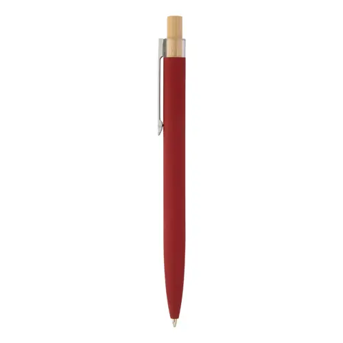 Penna a sfera in alluminio riciclato finitura gommata pulsante in bambù e clip cromata con refill blu