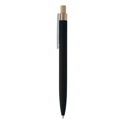 Penna a sfera in alluminio riciclato finitura gommata pulsante in bambù e clip cromata con refill blu
