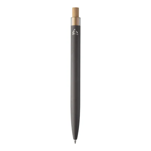 Penna a sfera in alluminio riciclato finitura gommata pulsante in bambù e clip cromata con refill blu