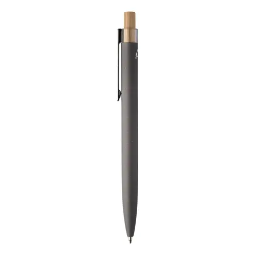 Penna a sfera in alluminio riciclato finitura gommata pulsante in bambù e clip cromata con refill blu