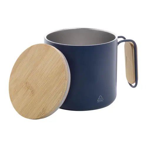 Tazza termica a doppia parete in acciaio inox riciclato con coperchio e manico in bambù da 300ml