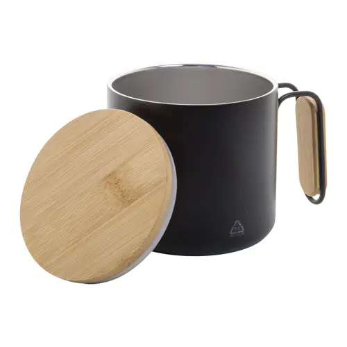 Tazza termica a doppia parete in acciaio inox riciclato con coperchio e manico in bambù da 300ml