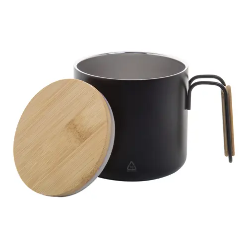 Tazza termica a doppia parete in acciaio inox riciclato con coperchio e manico in bambù da 300ml