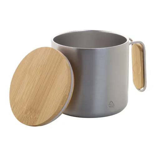 Tazza termica a doppia parete in acciaio inox riciclato con coperchio e manico in bambù da 300ml