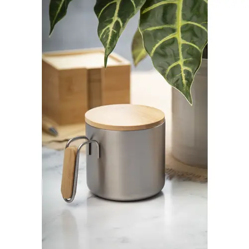 Tazza termica a doppia parete in acciaio inox riciclato con coperchio e manico in bambù da 300ml