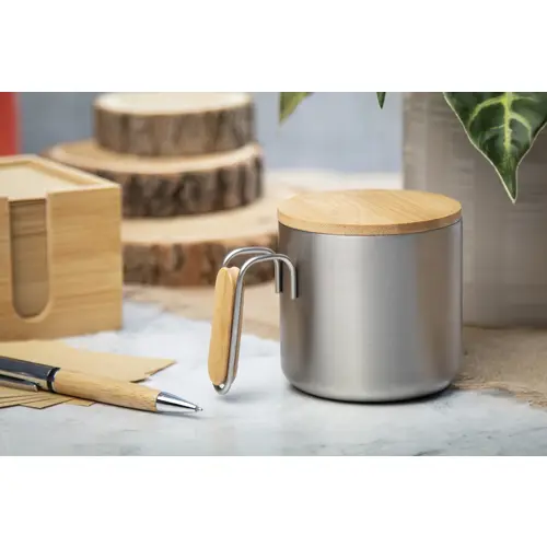 Tazza termica a doppia parete in acciaio inox riciclato con coperchio e manico in bambù da 300ml