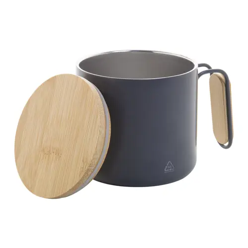 Tazza termica a doppia parete in acciaio inox riciclato con coperchio e manico in bambù da 300ml