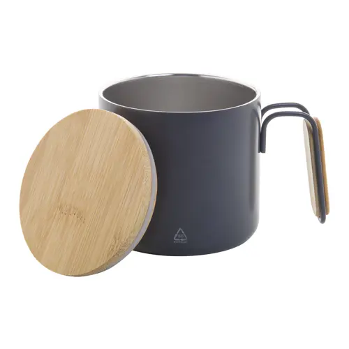Tazza termica a doppia parete in acciaio inox riciclato con coperchio e manico in bambù da 300ml