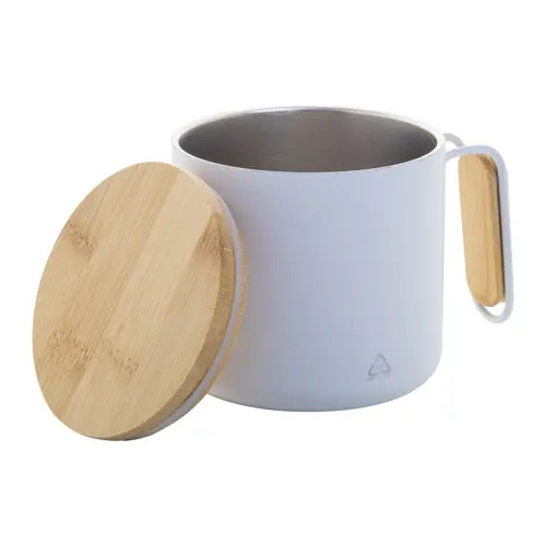 Tazza termica a doppia parete in acciaio inox riciclato con coperchio e manico in bambù da 300ml