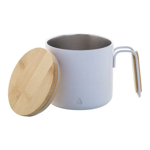 Tazza termica a doppia parete in acciaio inox riciclato con coperchio e manico in bambù da 300ml