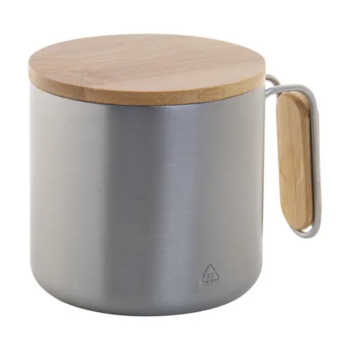 Tazza termica a doppia parete in acciaio inox riciclato con coperchio e manico in bambù da 300ml