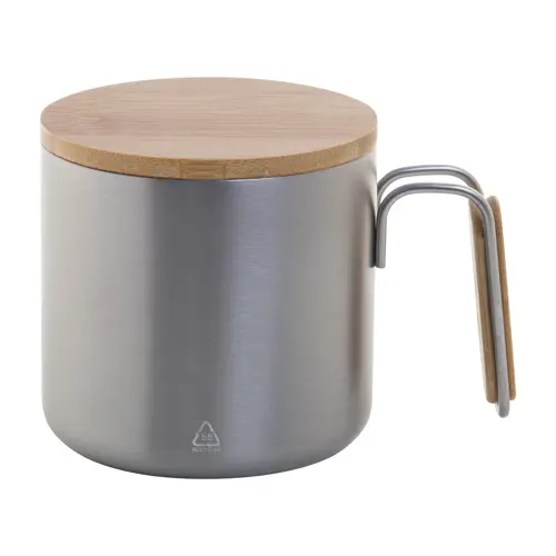 Tazza termica a doppia parete in acciaio inox riciclato con coperchio e manico in bambù da 300ml