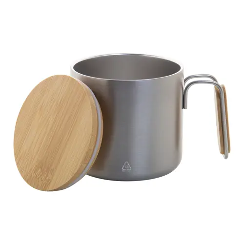 Tazza termica a doppia parete in acciaio inox riciclato con coperchio e manico in bambù da 300ml