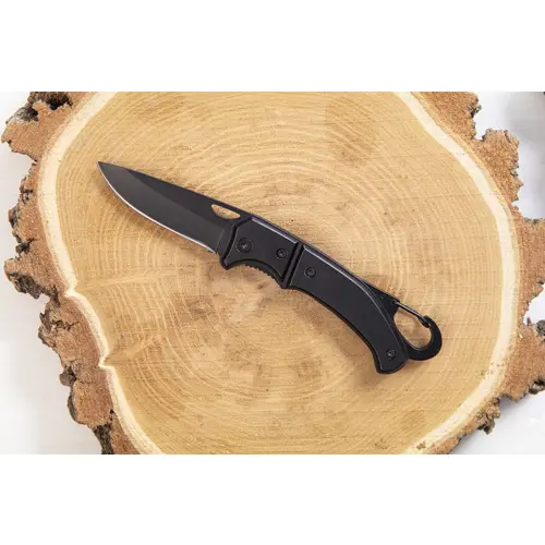 Coltello tascabile in acciaio inossidabile, completamente nero, con manico in alluminio, moschettone e chiusura di sicurezza