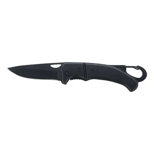 Coltello tascabile in acciaio inossidabile, completamente nero, con manico in alluminio, moschettone e chiusura di sicurezza