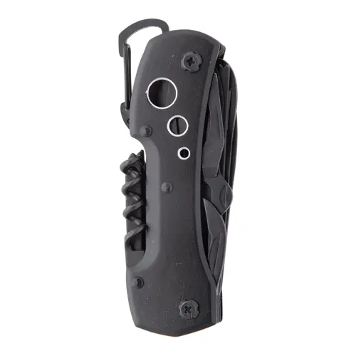 Coltello tascabile completamente nero, in acciaio inossidabile, con 13 funzioni, moschettone e manico in alluminio
