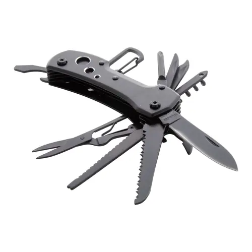 Coltello tascabile completamente nero, in acciaio inossidabile, con 13 funzioni, moschettone e manico in alluminio