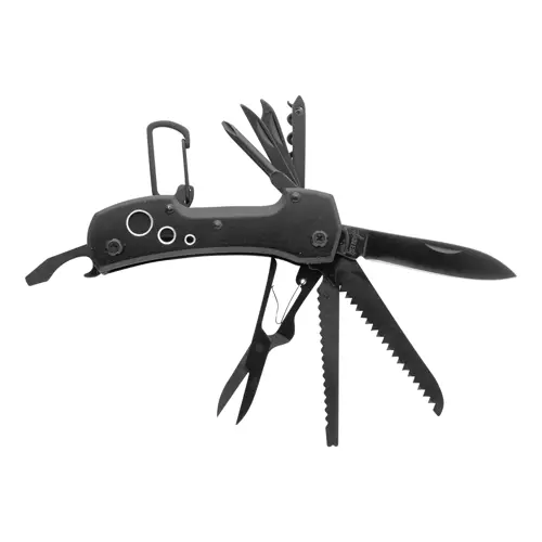Coltello tascabile completamente nero, in acciaio inossidabile, con 13 funzioni, moschettone e manico in alluminio