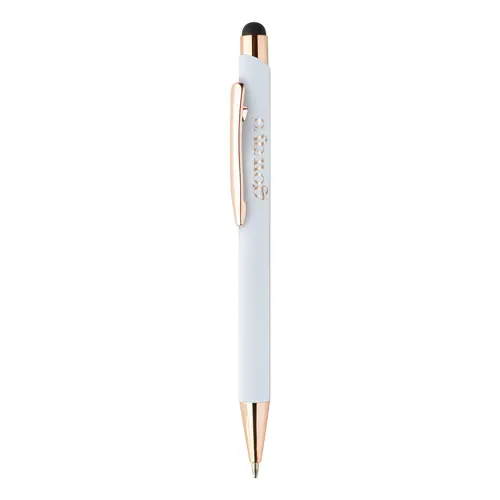 Penna a sfera in alluminio riciclato con finitura gommata e touch screen dettagli color oro rosa e refill blu