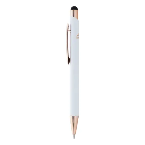 Penna a sfera in alluminio riciclato con finitura gommata e touch screen dettagli color oro rosa e refill blu