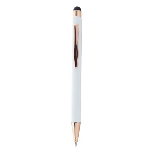 Penna a sfera in alluminio riciclato con finitura gommata e touch screen dettagli color oro rosa e refill blu