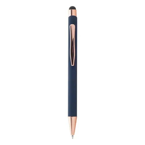 Penna a sfera in alluminio riciclato con finitura gommata e touch screen dettagli color oro rosa e refill blu